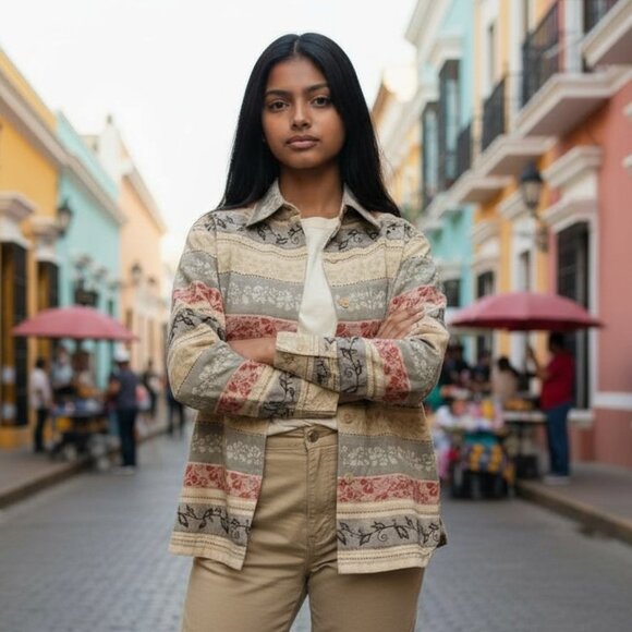 Alfred Dunner Womens Petite 8P Blazer Jacket Brown Rust Cream Fall Floral Stripe - Picture 15 of 15